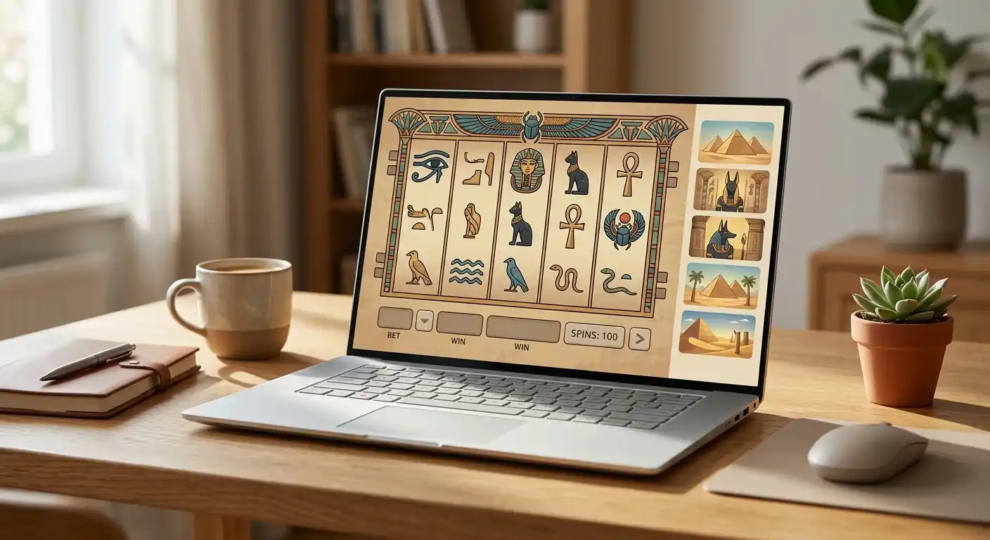 Neutrale Sammlung ägyptisch inspirierter Spielautomaten-Symbole auf einem Bildschirm