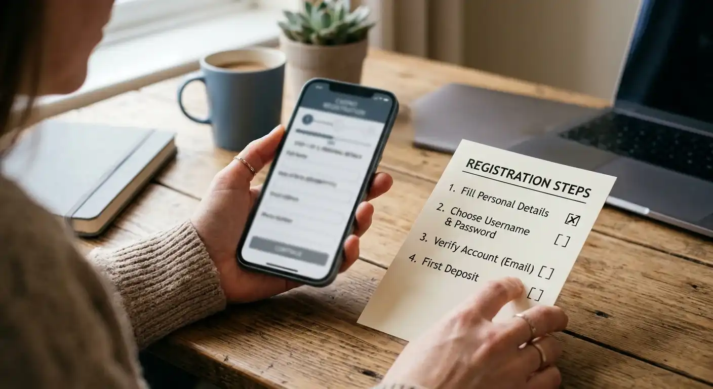 Smartphone-Display mit einer Casino-Registrierungsmaske und einem Schritt-für-Schritt-Fortschrittsbalken