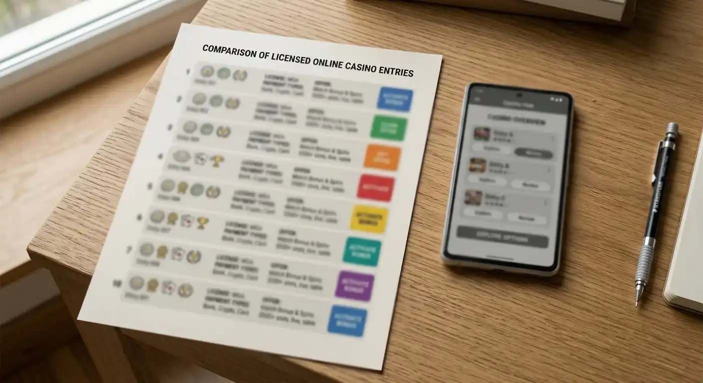 Liste mit verschiedenen Casino-Logos und farbigen Buttons für Bonus-Aktivierung, Anbieter Curaçao