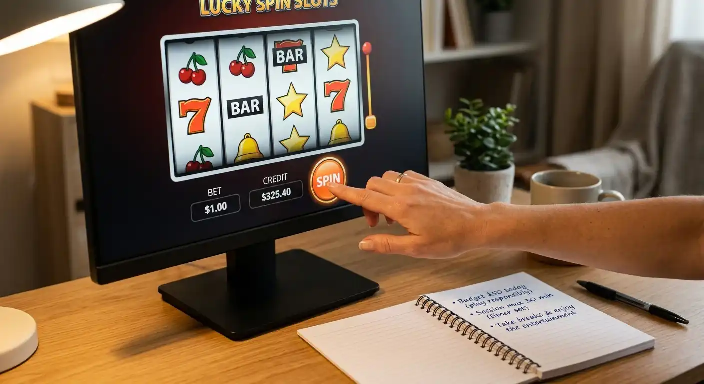 Hand die einen Spielautomaten-Drehknopf betätigt, daneben ein Notizbuch mit aufgelisteten Bonusbedingungen