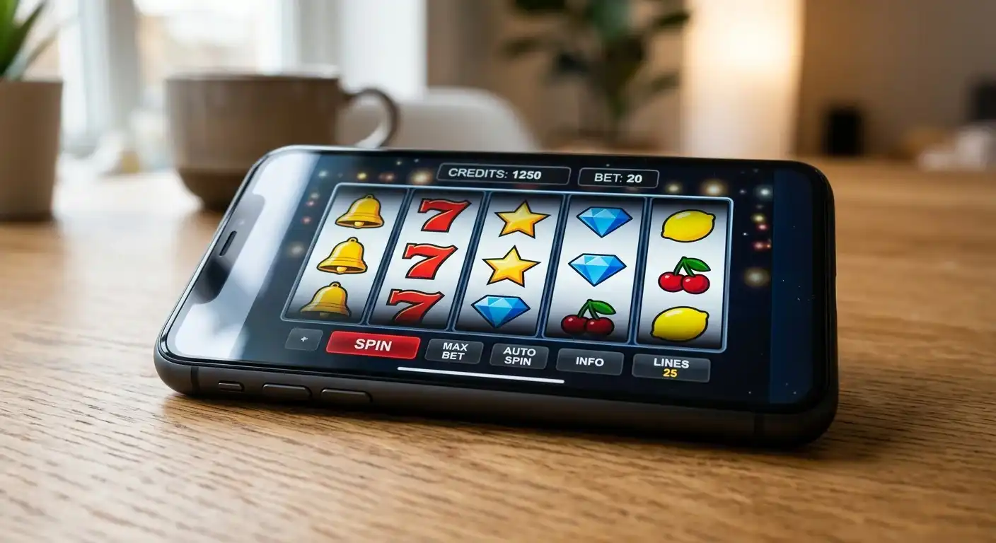 Smartphone mit einem Spielautomaten-Bildschirm ohne erkennbare Markensymbole auf einem Tisch