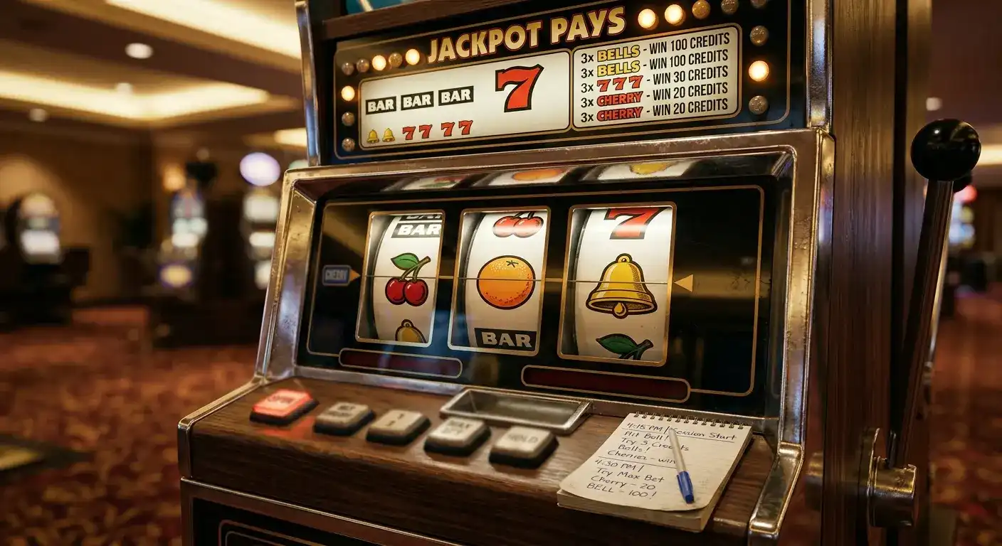 Stilisierter Spielautomat in einer neutralen Studioaufnahme mit handgeschriebener Notiz daneben als visuelle Metapher für die Bedingungen hinter Freispielen