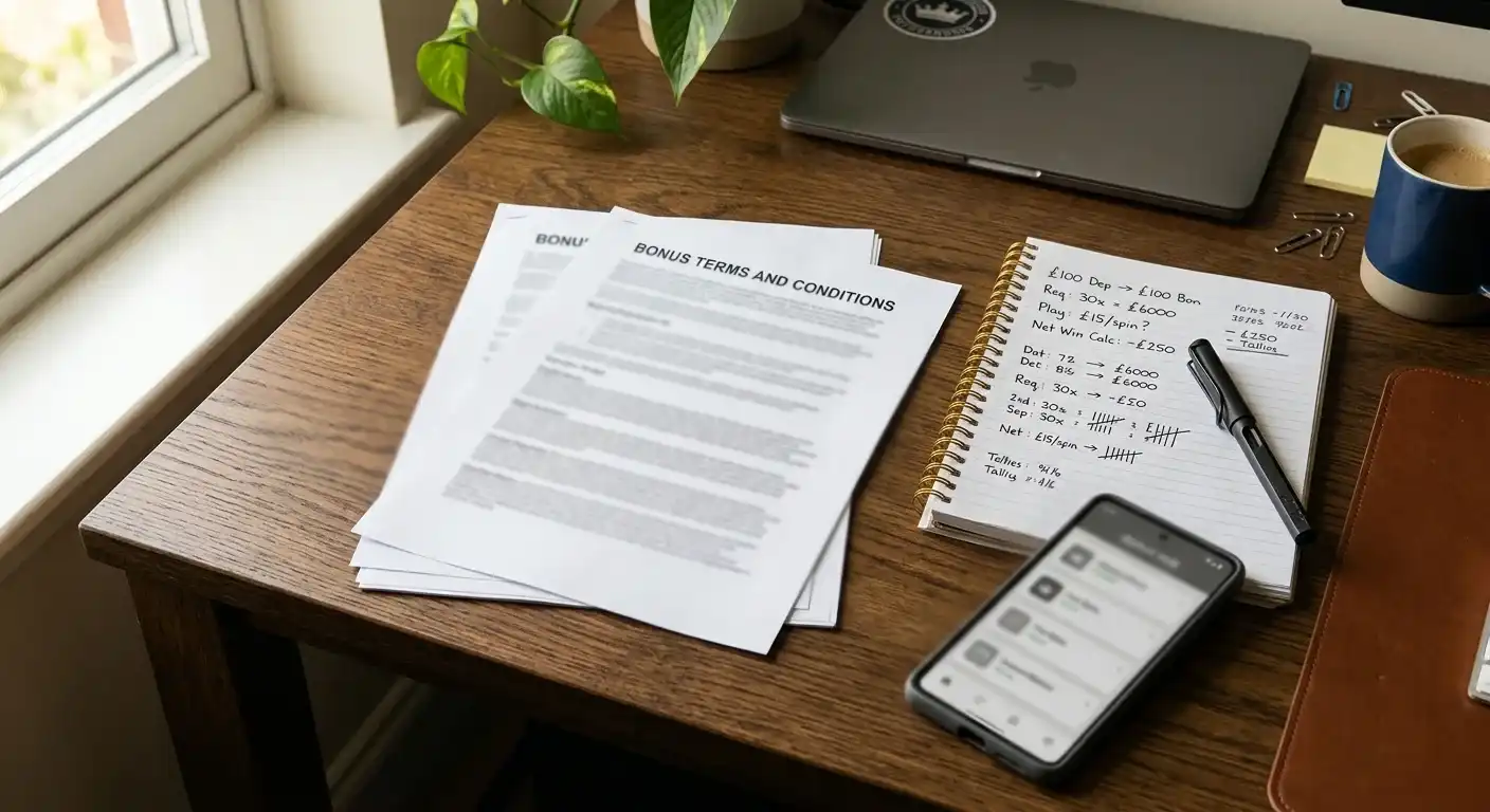 Bürotisch mit ausgedruckten Bonusbedingungen, einem Taschenrechner-Notizbuch und einem Smartphone mit Casino-App