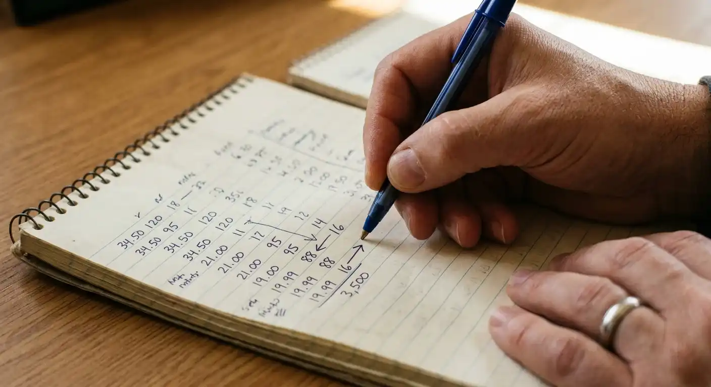 Person rechnet mit Stift und Papier Zahlen auf einem Notizblock durch