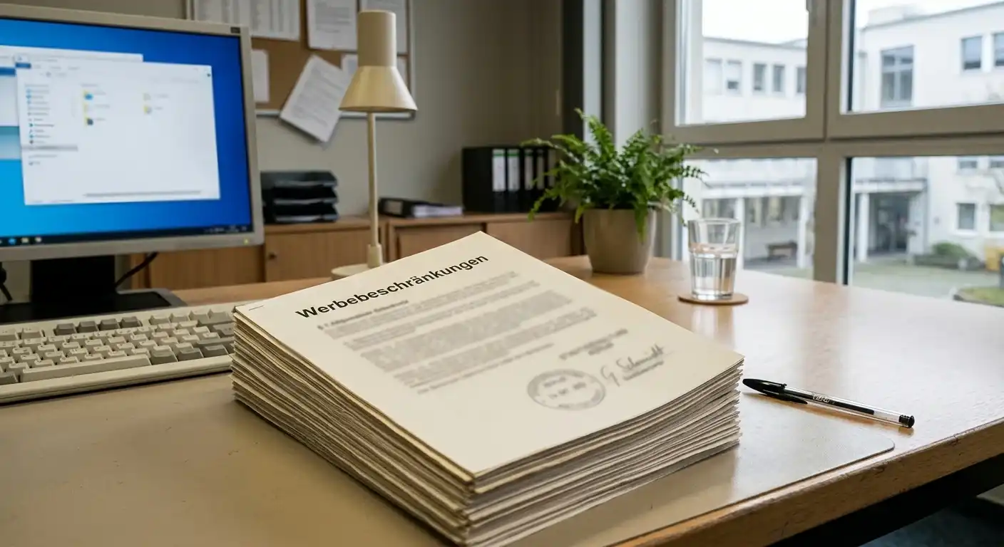 Schild mit deutscher Aufsichtsbehörde und Dokumentenstapel