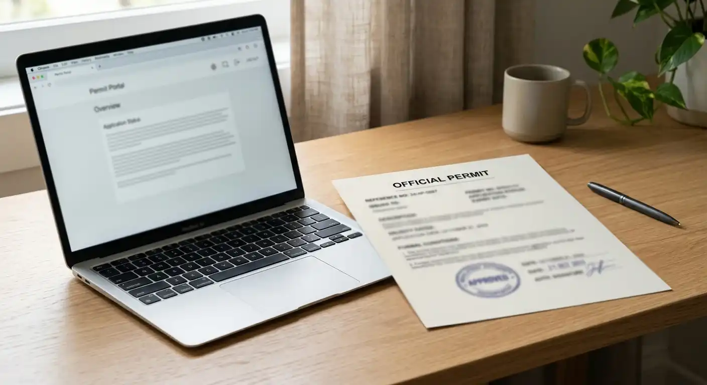 Neutrales Erlaubnisdokument mit Stempel neben einem Laptop auf einem aufgeräumten Schreibtisch