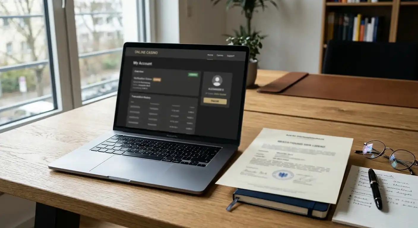 Neutrales deutsches Erlaubnisdokument neben einem Laptop mit Online-Casino-Konto
