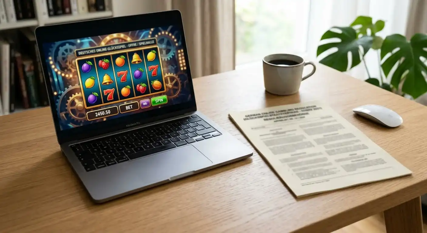 Neutraler deutscher Regulierungsnachweis neben virtueller Spielautomatenansicht