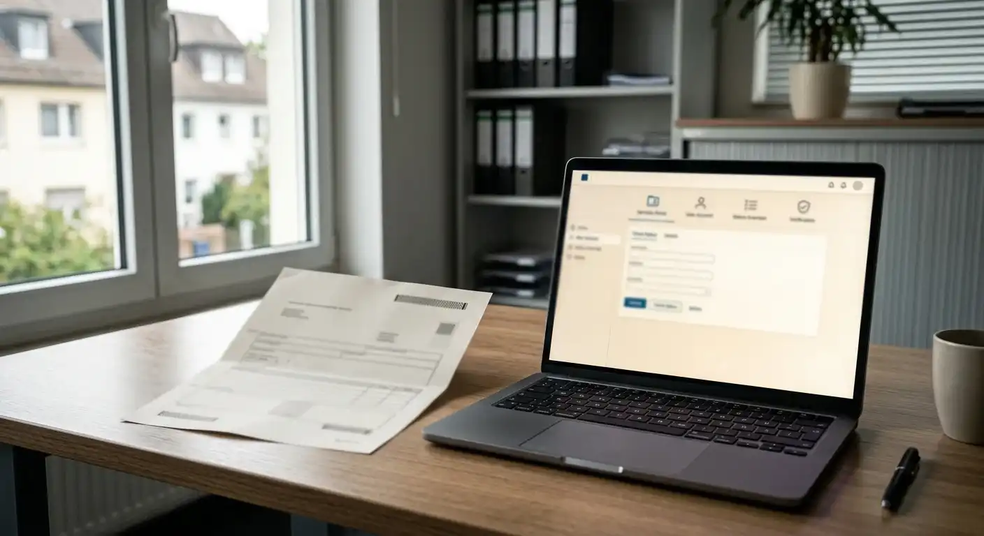 Neutrales Lizenzdokument und Laptop für die Prüfung eines Online-Anbieters