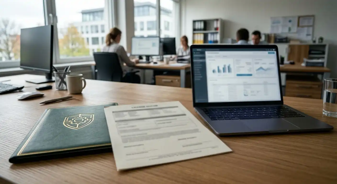 Neutrales Lizenzdokument neben Laptop und Schutzsymbol