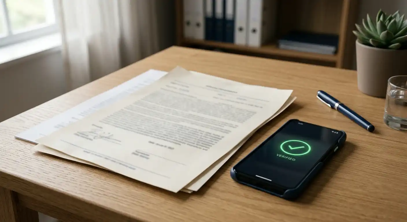 Neutrale Erlaubnisunterlagen neben Smartphone mit Prüfsymbol