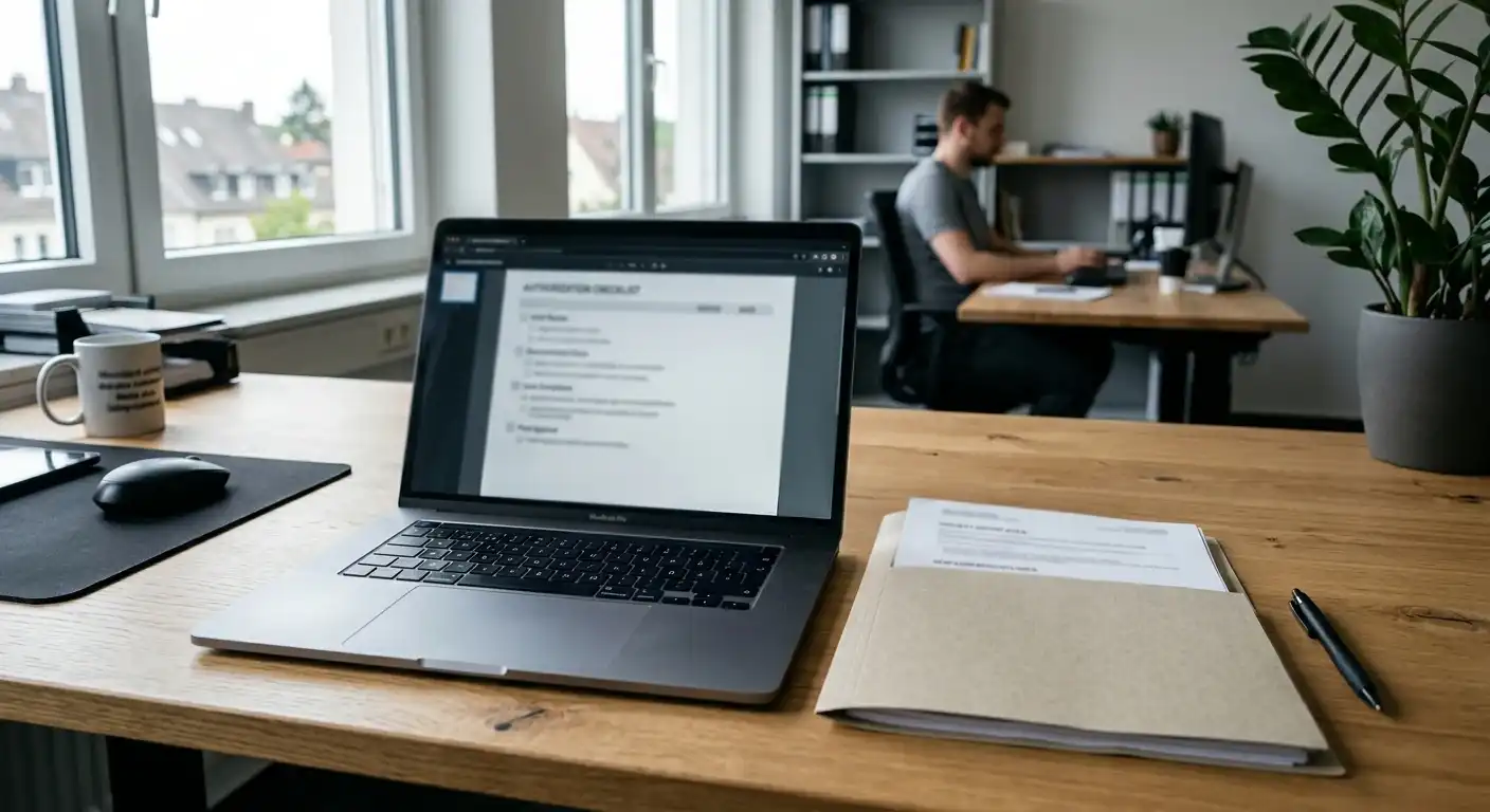 Neutrales Erlaubnisdokument und Laptop mit geöffneter Prüfseite ohne Markenlogo