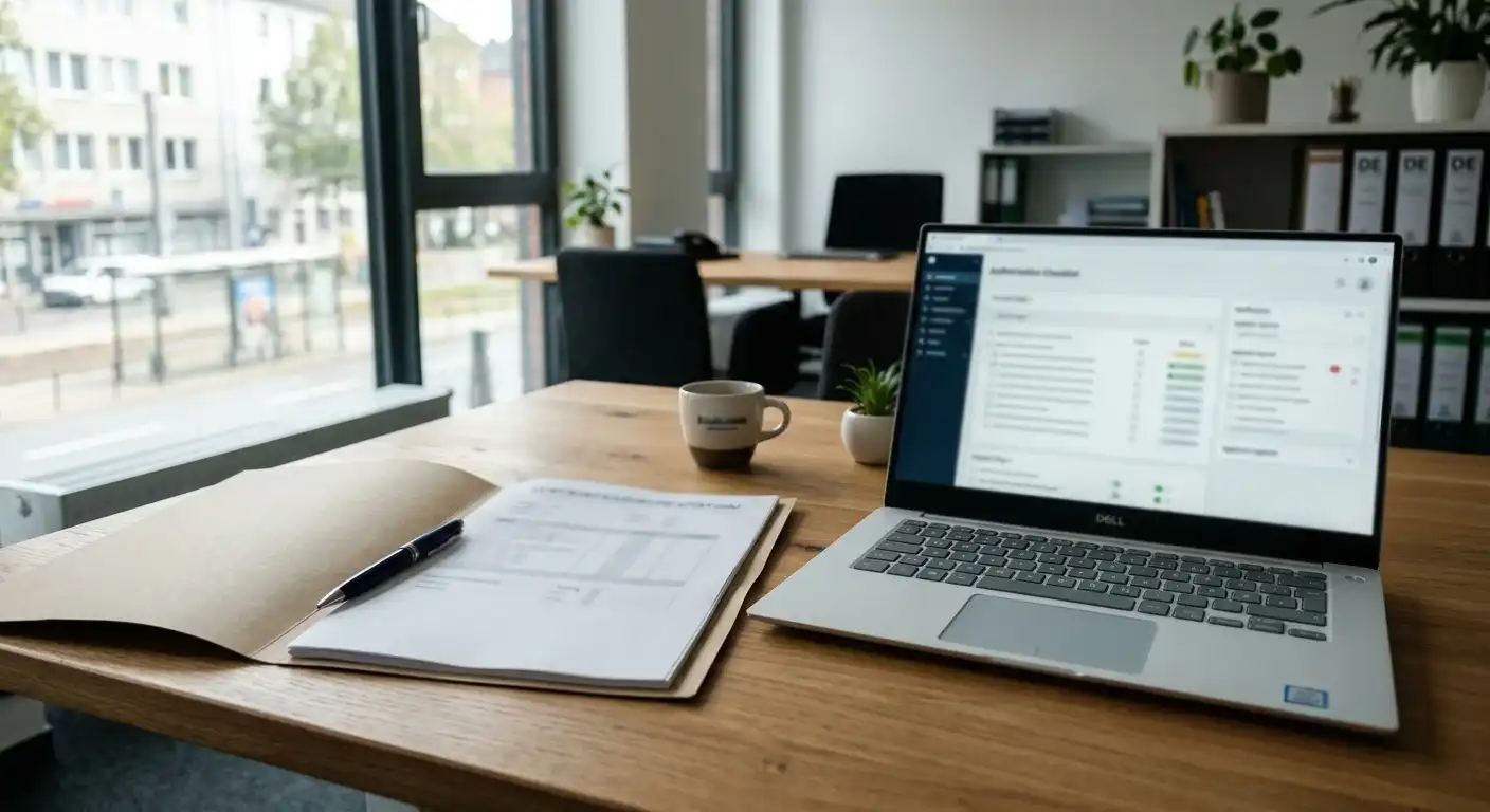 Neutrales Erlaubnisdokument und Laptop mit geöffneter Prüfseite ohne Markenlogo