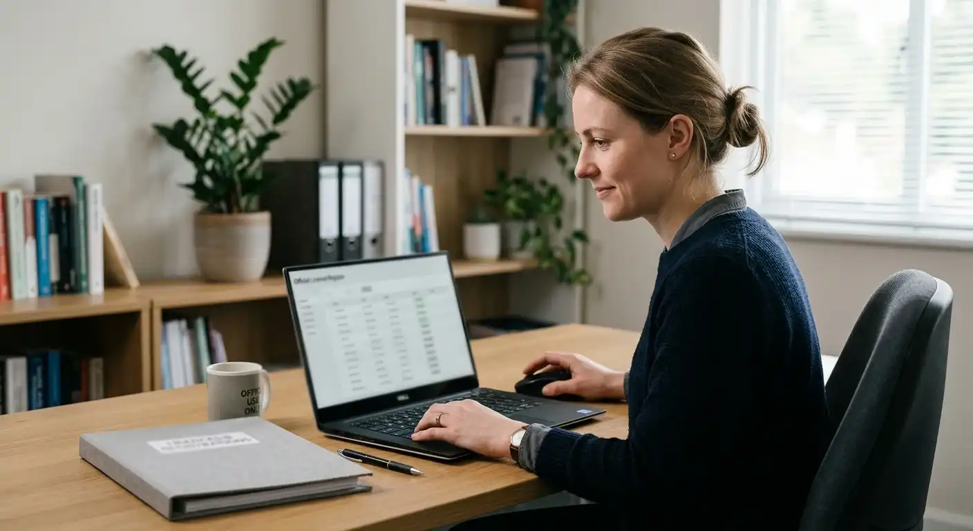 Person prüft eine neutrale Lizenzübersicht am Laptop
