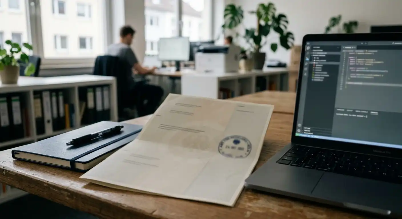 Neutrales deutsches Lizenzdokument neben einem Laptop