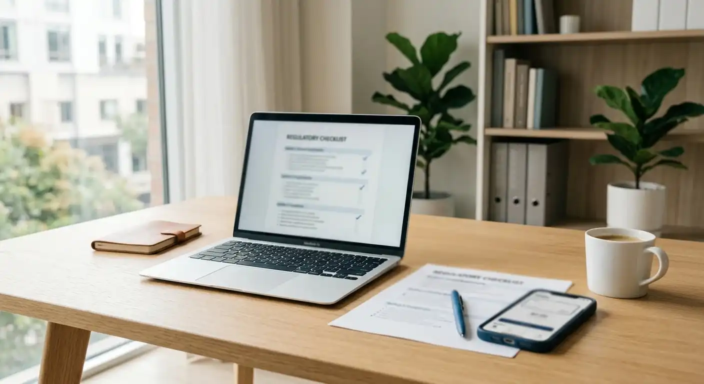 Neutrales Prüfdokument neben Laptop und Wallet-App ohne Markenlogo