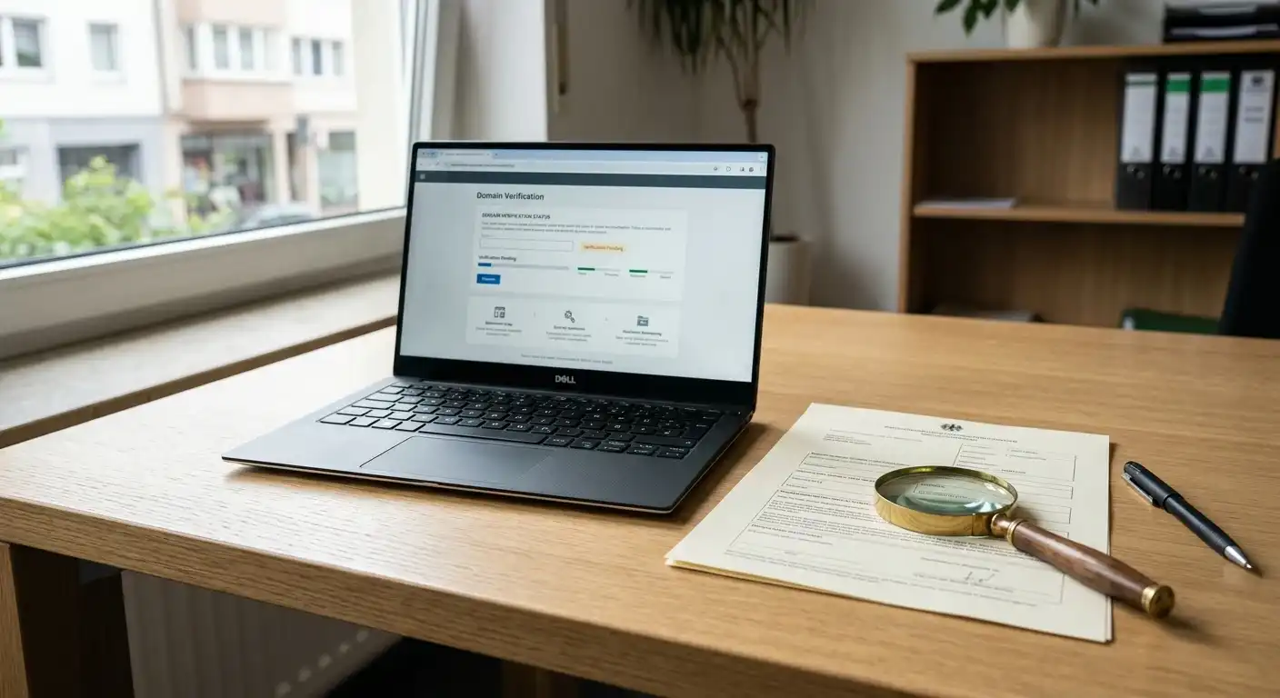 Neutrales deutsches Erlaubnisdokument neben einem Laptop mit Domainprüfung