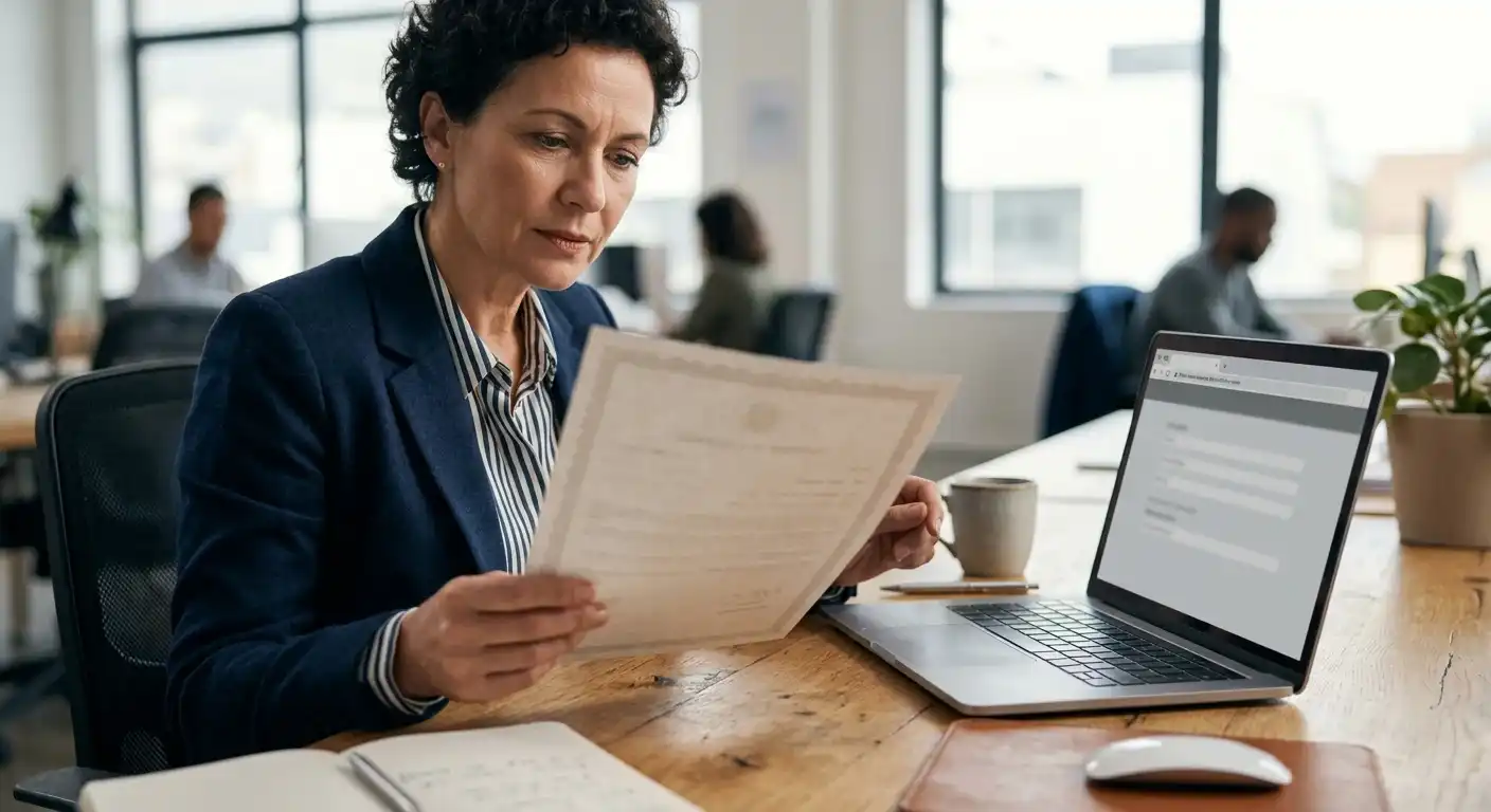 Person gleicht neutrale Lizenzunterlagen und eine Webseitenadresse am Laptop ab