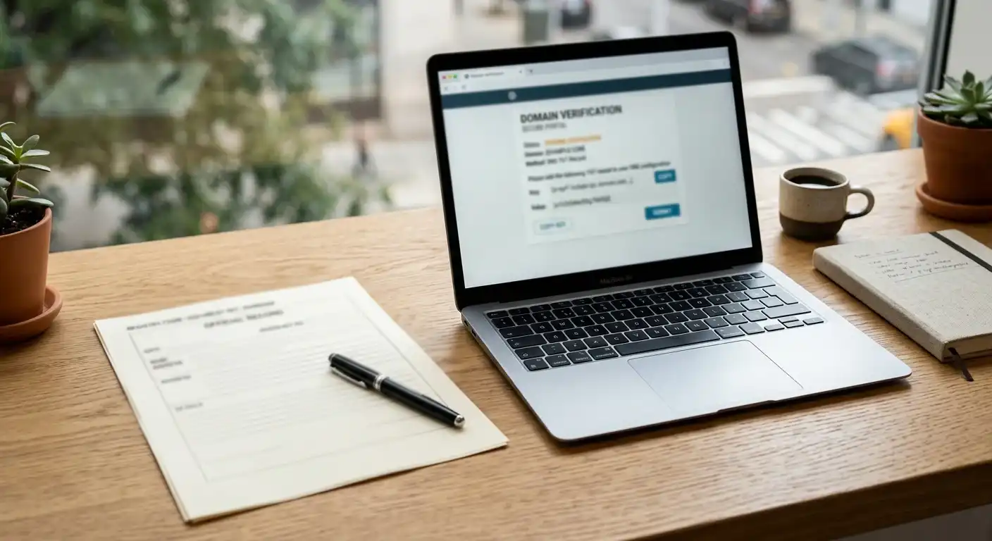 Neutrales Registerdokument neben Laptop mit markierter Domainprüfung