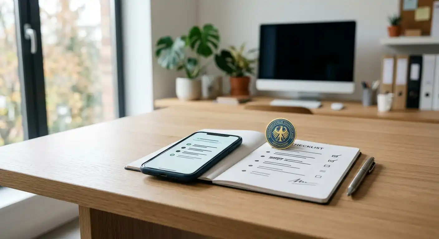Neutrale Prüfliste mit Smartphone und deutschem Lizenzsymbol ohne Logo