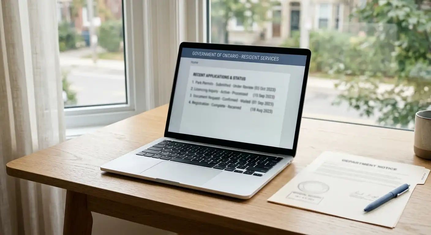 Minimalistisches Laptop-Display mit einer neutralen Behörden-Webseite und einem gestempelten Dokument daneben