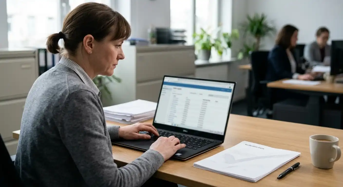 Erwachsene Person prüft ein neutrales öffentliches Anbieterregister am Laptop
