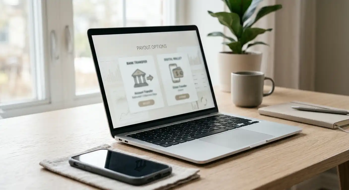 Neutrale Auszahlungsauswahl mit Bank- und Wallet-Symbolen ohne Logos