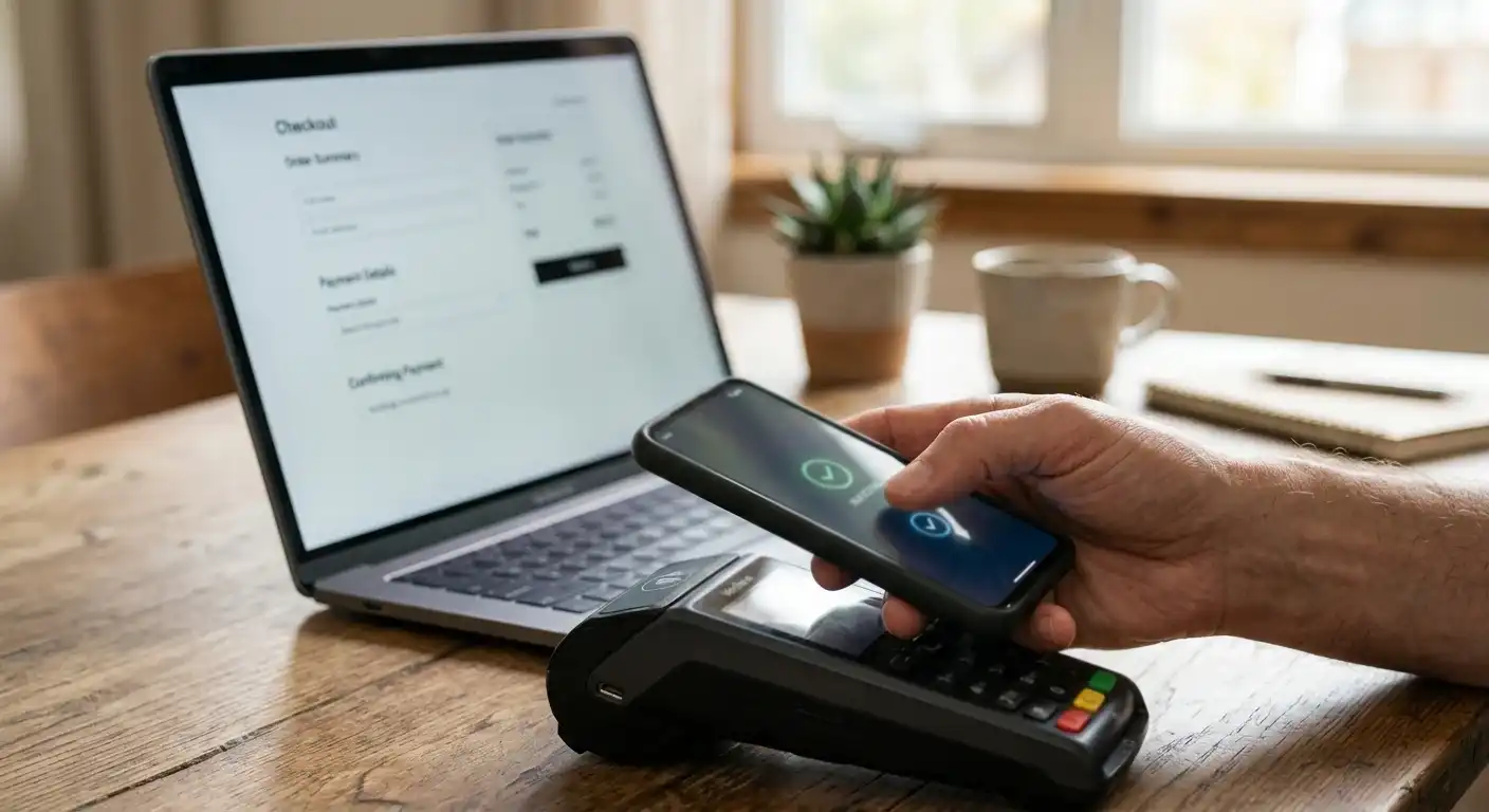 Person bestätigt eine mobile Wallet-Zahlung an einem neutralen Smartphone