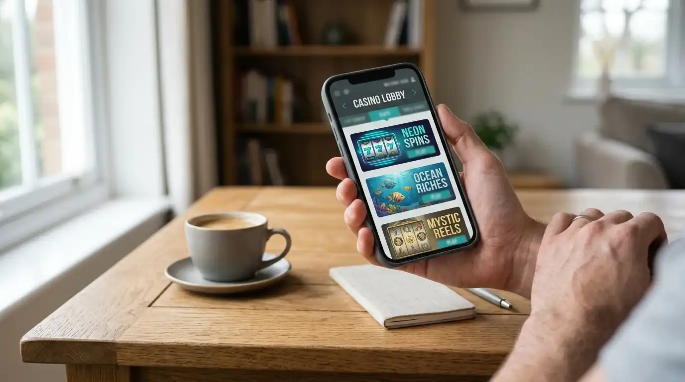 Handy-Display mit leuchtender Casino-App-Oberfläche und Casino-Symbolen