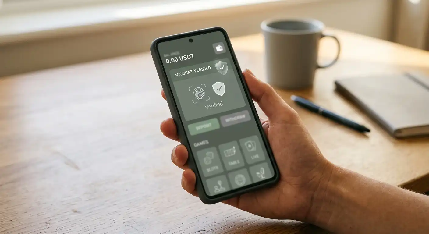 Smartphone mit Krypto-Casino-App und Symbolbild für Provably-Fair-Verifizierung