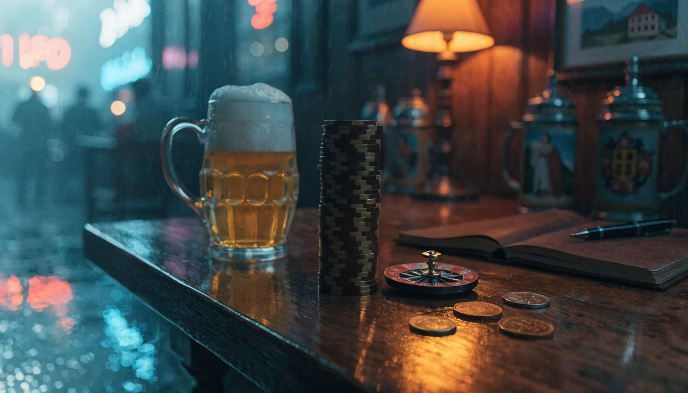 Stapel Casino-Chips und Euro-Münzen auf einem Holztisch in einer bayerischen Gasstube.