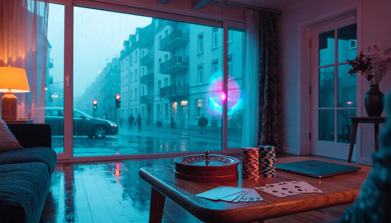 Modernes deutsches Wohnzimmer mit Roulette, Spielchips und geschlossenem Laptop am Abend.