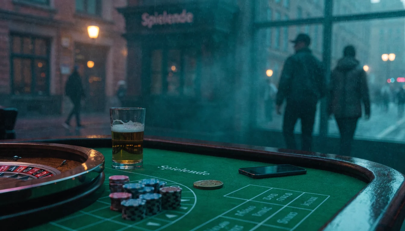 Casino-Tisch mit ruhendem Rouletterad und verdecktem Smartphone in warmem Abendlicht