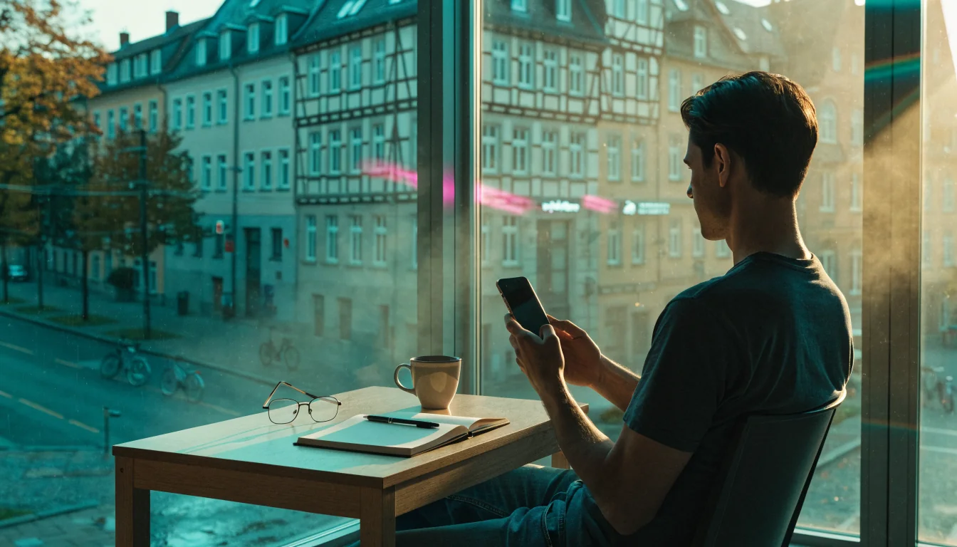 Mann am Schreibtisch in deutscher Wohnung mit Smartphone und Blick auf Fachwerkhäuser