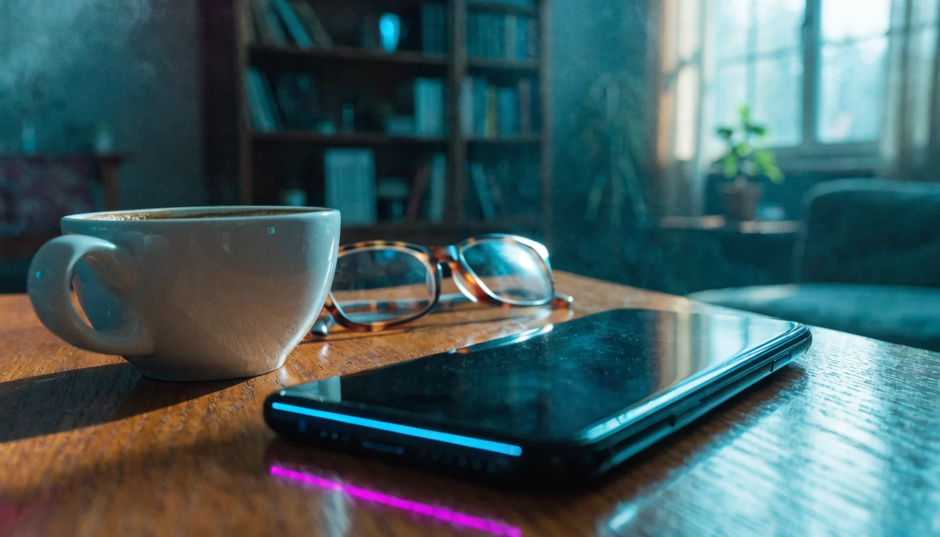 Smartphone mit Benachrichtigung auf Holztisch im Wohnzimmer