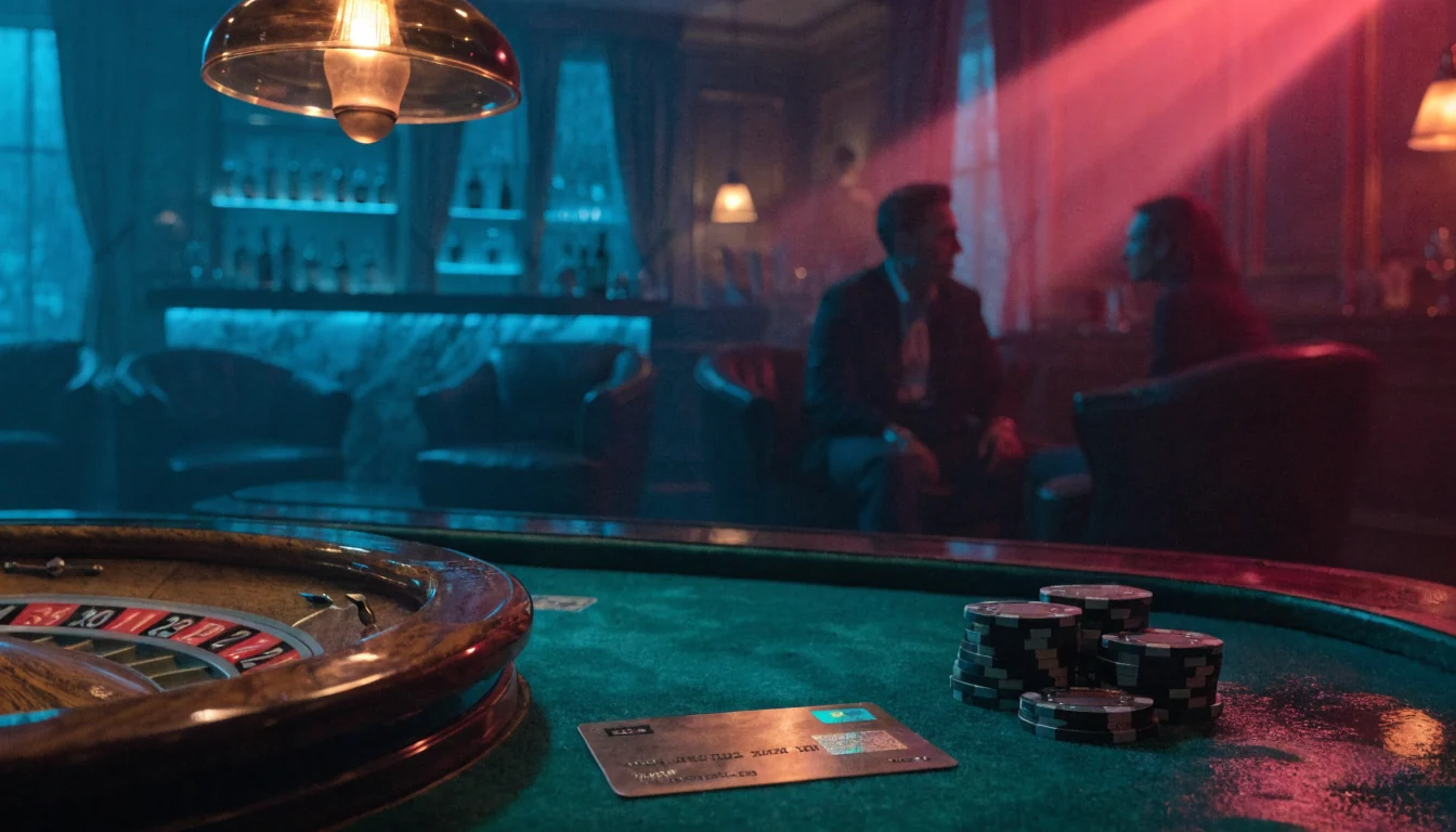 Premium-Kreditkarte auf grünem Filz neben Casino-Chips und Roulette-Rad in elegantem Lounge-Interieur.