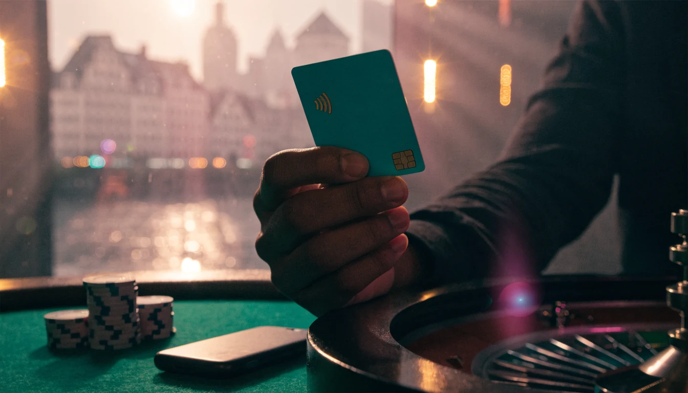 Hand mit Prepaid-Karte neben Smartphone auf grünem Spieltisch mit Chips