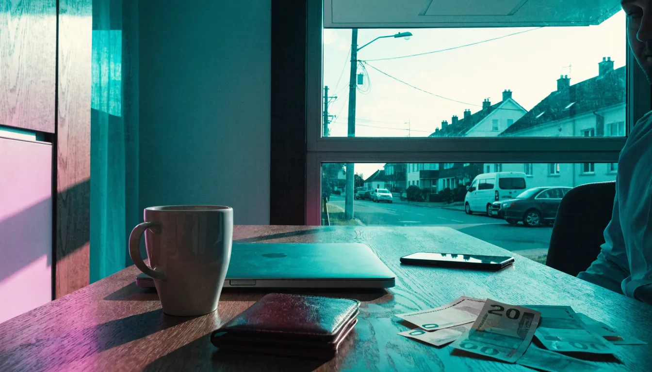 Aufgeräumter Schreibtisch mit Laptop, Euro-Banknoten, Geldbörse und Kaffeetasse in einem deutschen Homeoffice bei Tageslicht.