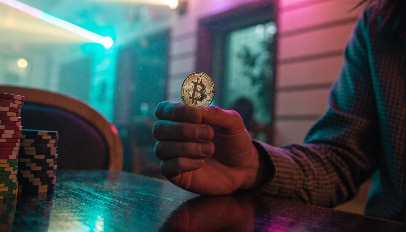 Hand hält Bitcoin-Münze neben Casino-Chips auf Tisch