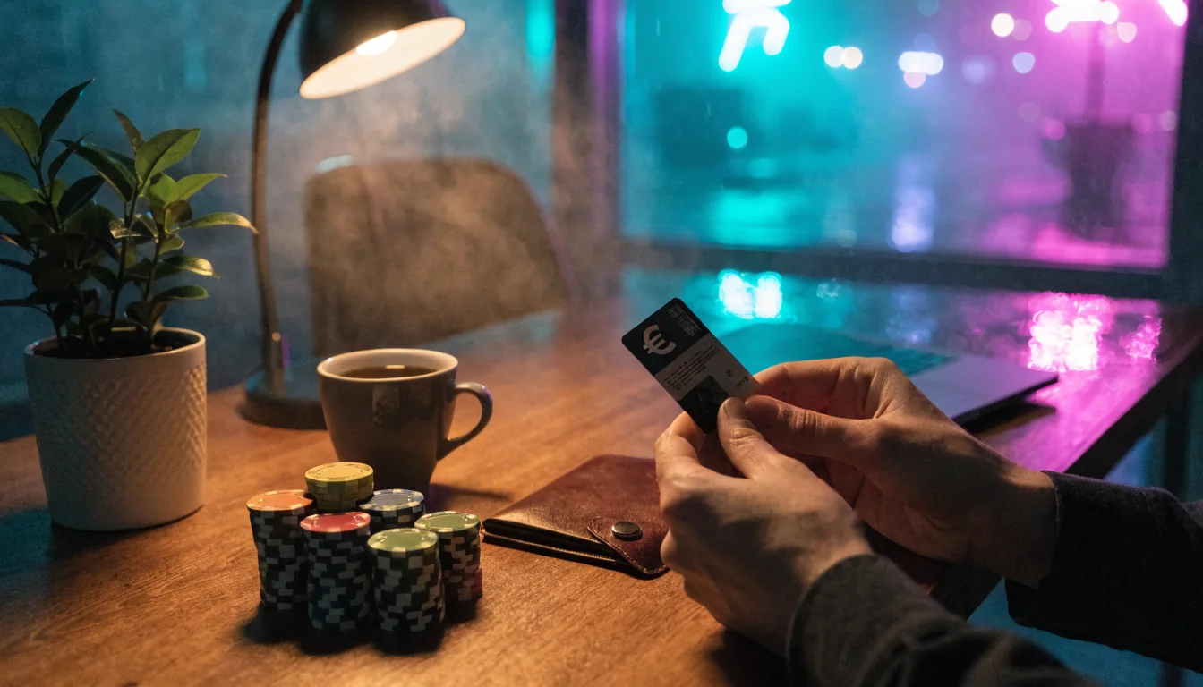 Hände halten einen Prepaid-Gutschein mit Euro-Symbol neben Casino-Chips auf einem Schreibtisch mit Laptop