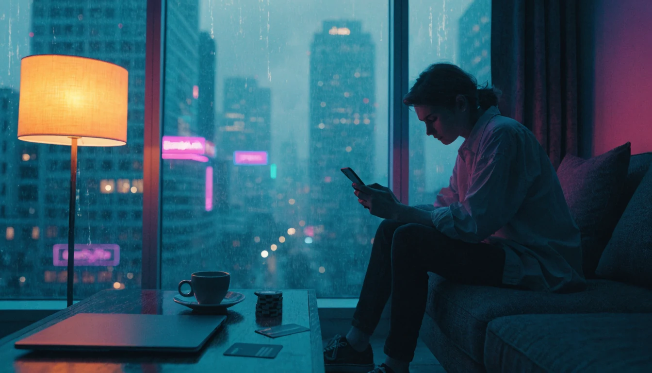 Person auf dem Sofa mit Smartphone, Kaffeetisch mit Spielchips, Kreditkarte und kontaktlosem Bezahlterminal im warm beleuchteten Wohnzimmer.