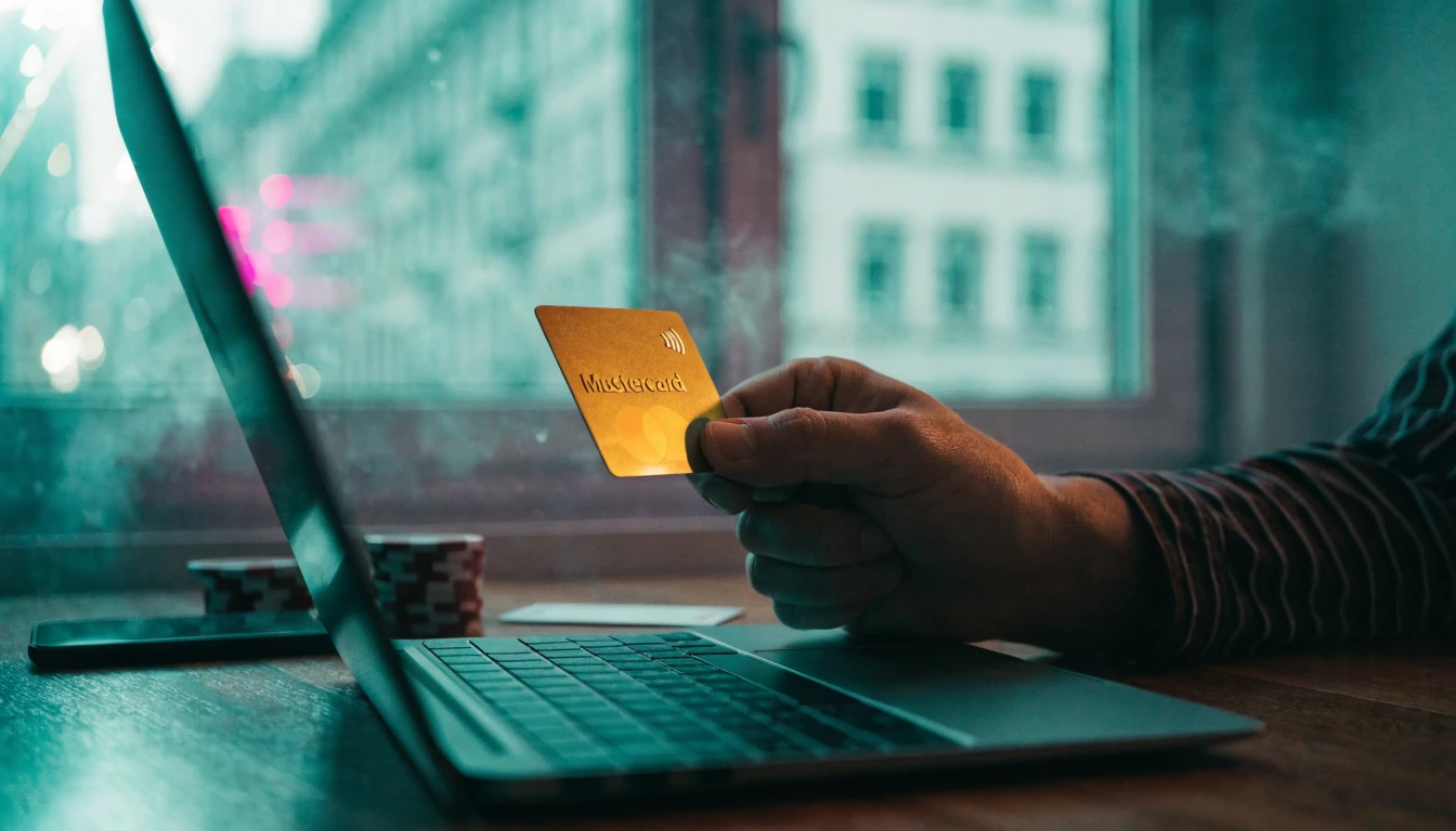 Hand mit Mastercard-Creditkarte am Laptop neben Casino-Chips auf Schreibtisch