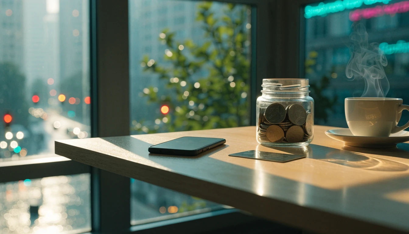 Minimalistischer Schreibtisch mit Smartphone, Zahlungskarte, Euromünzen und Kaffeetasse in sonnendurchflutetem Apartment.