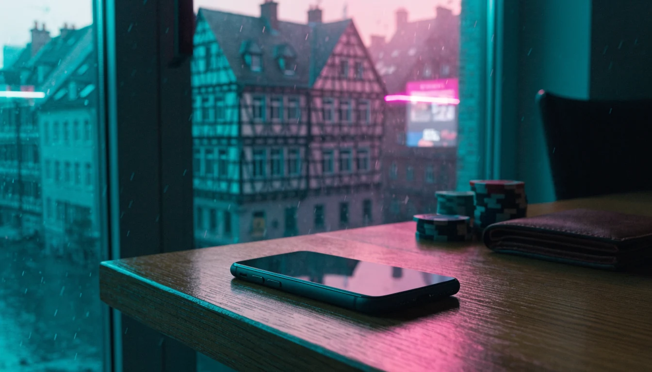 Smartphone auf einem Tisch mit Casino-Chips und Geldbörse in einer modernen deutschen Wohnung.