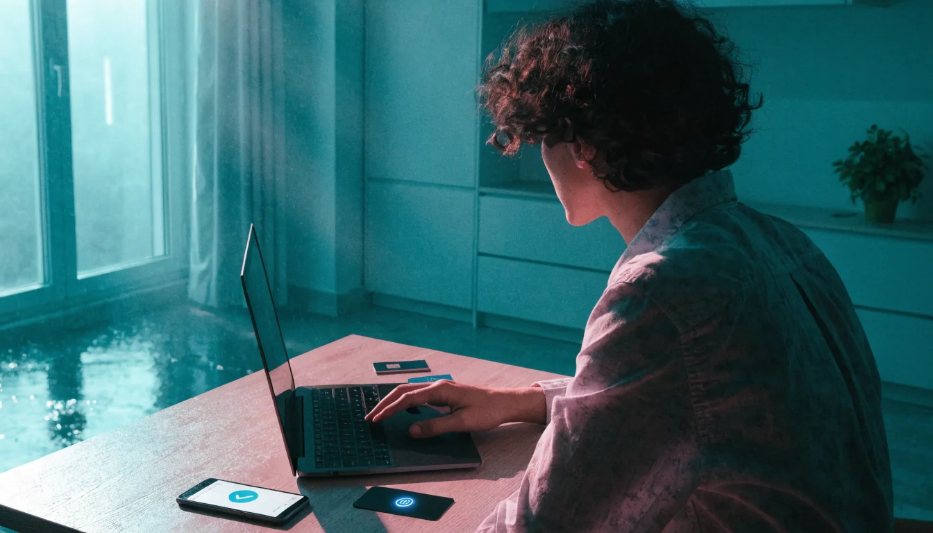 Person bestätigt Online-Zahlung am Schreibtisch mit Laptop und E-Wallet-Karte