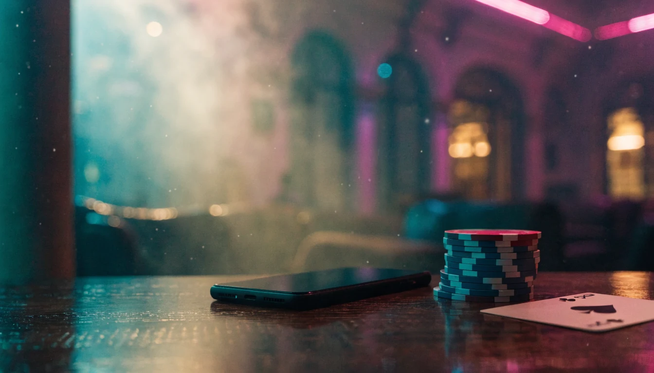 Smartphone neben Casino-Chips und Spielkarte auf einem eleganten Holztisch