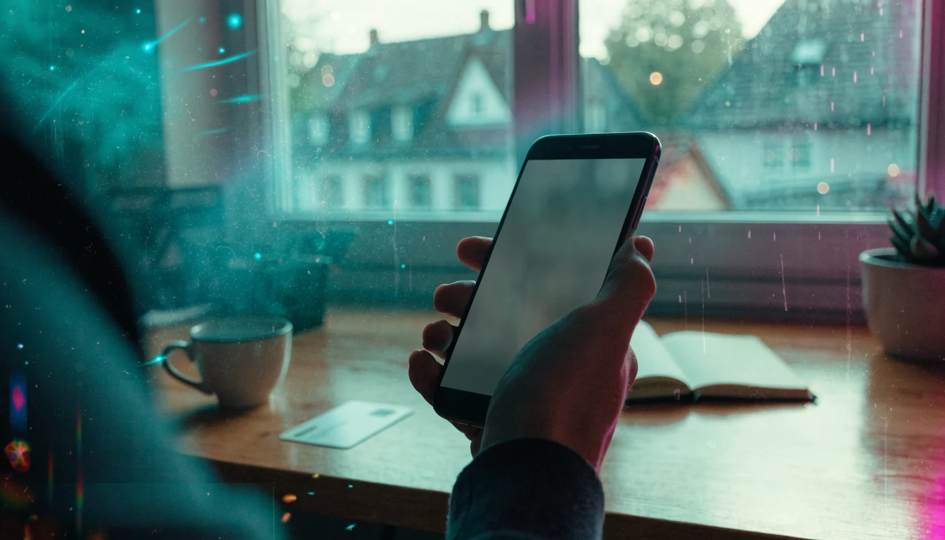 Hände halten Smartphone über Schreibtisch mit Bankkarte und Kaffeetasse