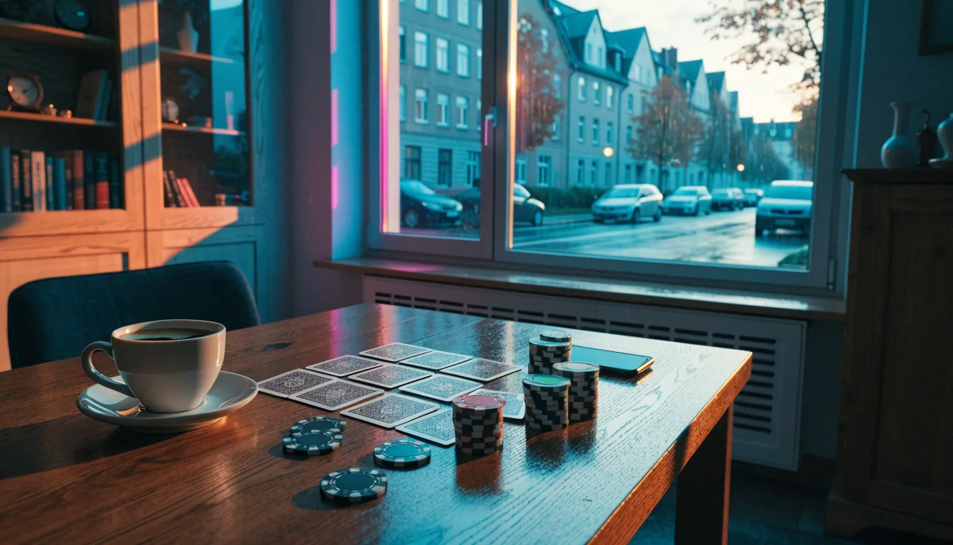 Casino-Chips, Spielkarten und Smartphone auf einem Holztisch in einer deutschen Wohnung.