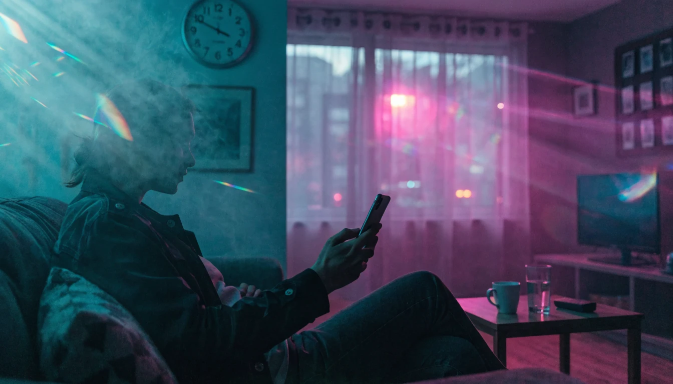 Person entspannt sich mit Smartphone im modernen deutschen Wohnzimmer