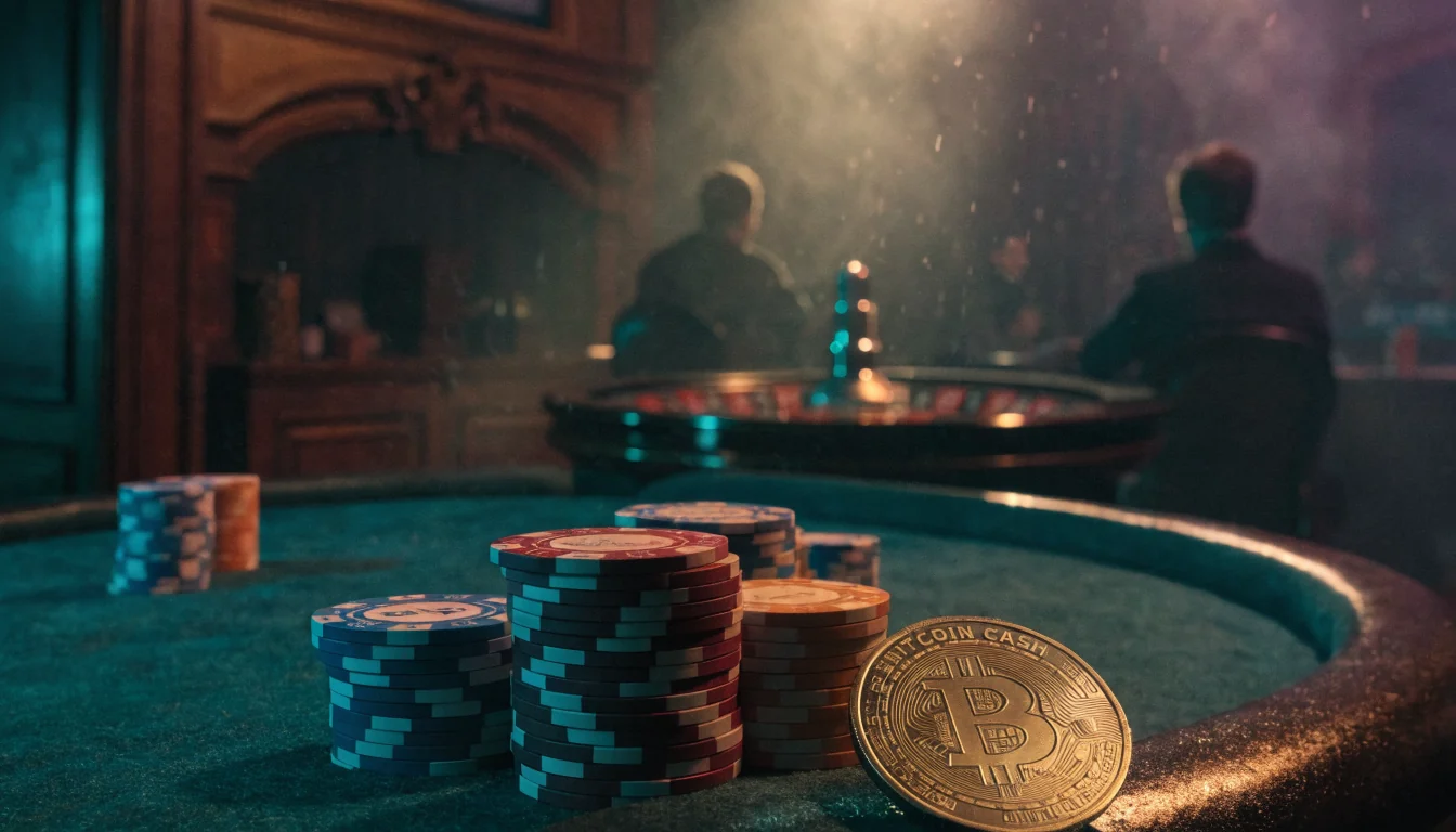 Casino-Tisch mit Pokerchips, Bitcoin-Cash-Münze im Vordergrund und Roulette-Rad im Hintergrund